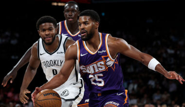 Jared Butler #25 of Phoenix Suns dribbles the ball during NBA China Games 2025 between the Brooklyn...