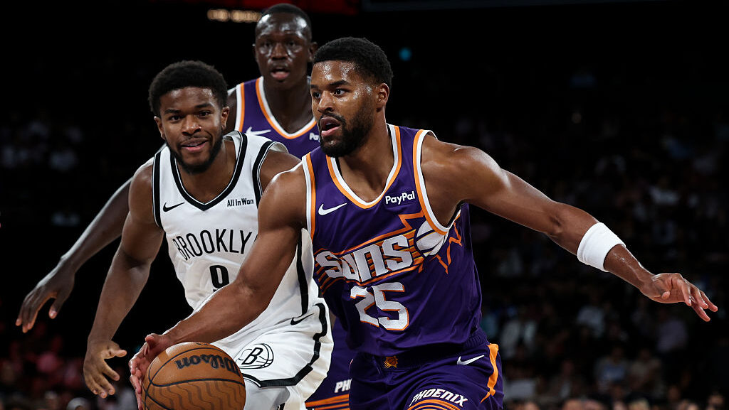 Jared Butler #25 of Phoenix Suns dribbles the ball during NBA China Games 2025 between the Brooklyn...