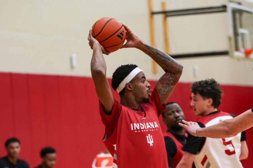 IU basketball wing Jasai Miles throws a pass at open practice in late July, 2025.