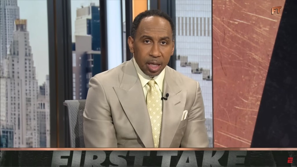 Stephen A. Smith speaking at a desk, with "FIRST TAKE" shown at the bottom of the screen.