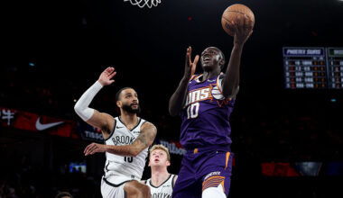Khaman Maluach #10 of Phoenix Suns shoots during the NBA China Games 2025 against the Brooklyn Nets...