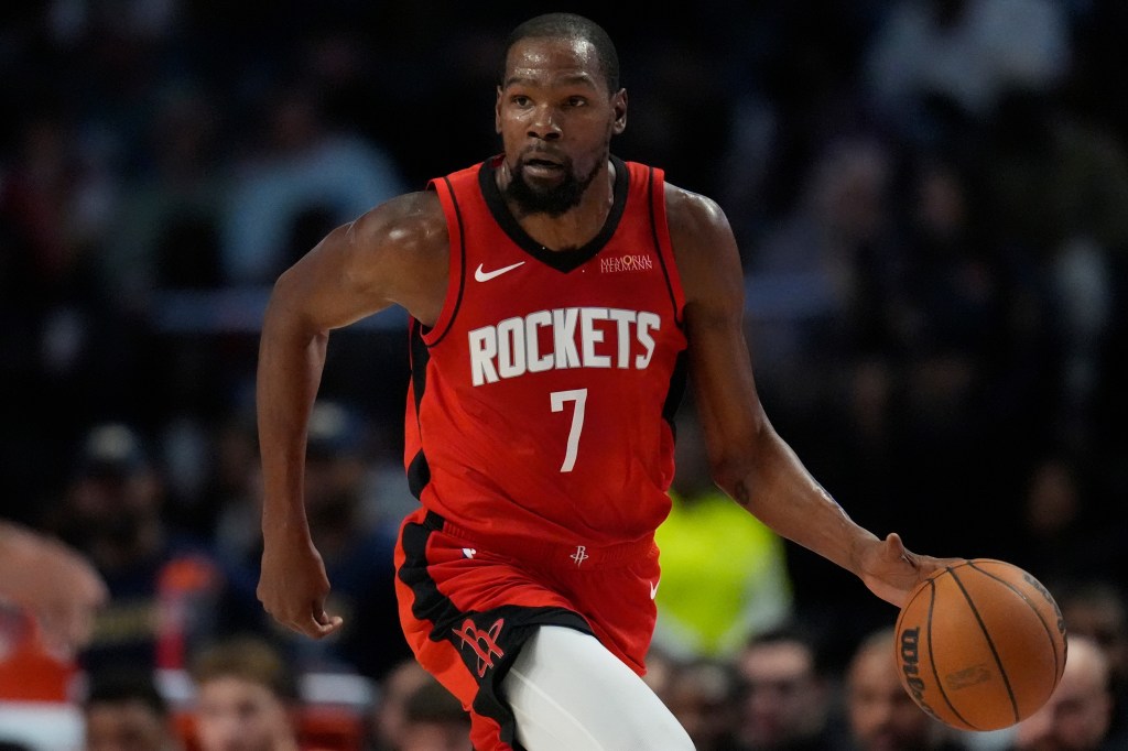 Kevin Durant of the Houston Rockets dribbling the basketball.