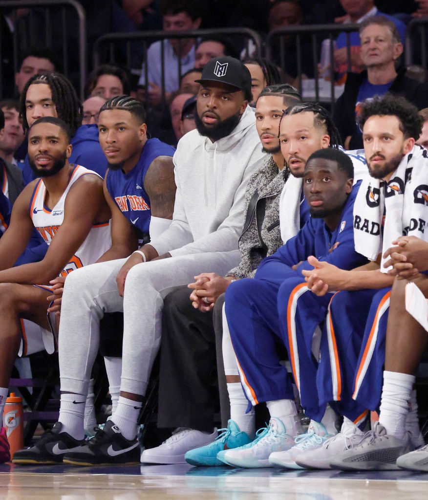 Mitchell Robinson and New York Knicks guard Josh Hart sit on the bench in the first half at Madison Square Garden in New York, Wednesday, October 22, 2025. 