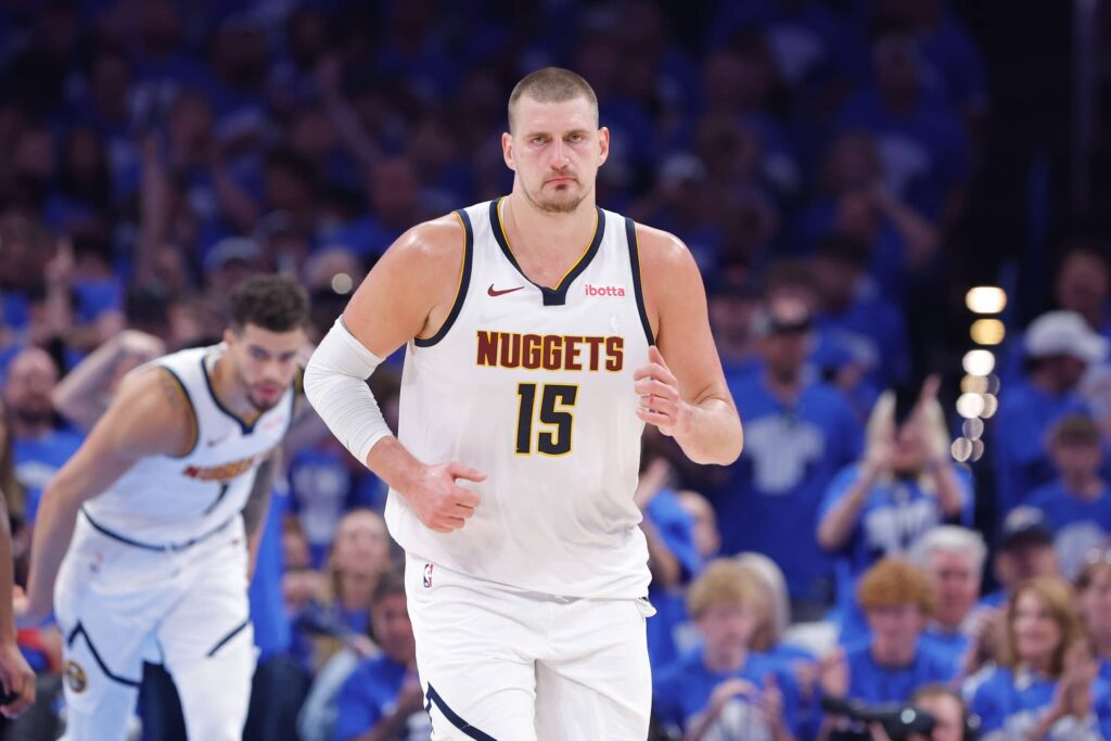 Nuggets center Nikola Jokic (15) runs down the court against the Thunder in the second quarter during game seven of the second round for the 2025 NBA Playoffs at Paycom Center. Mandatory Credit: Imagn Images