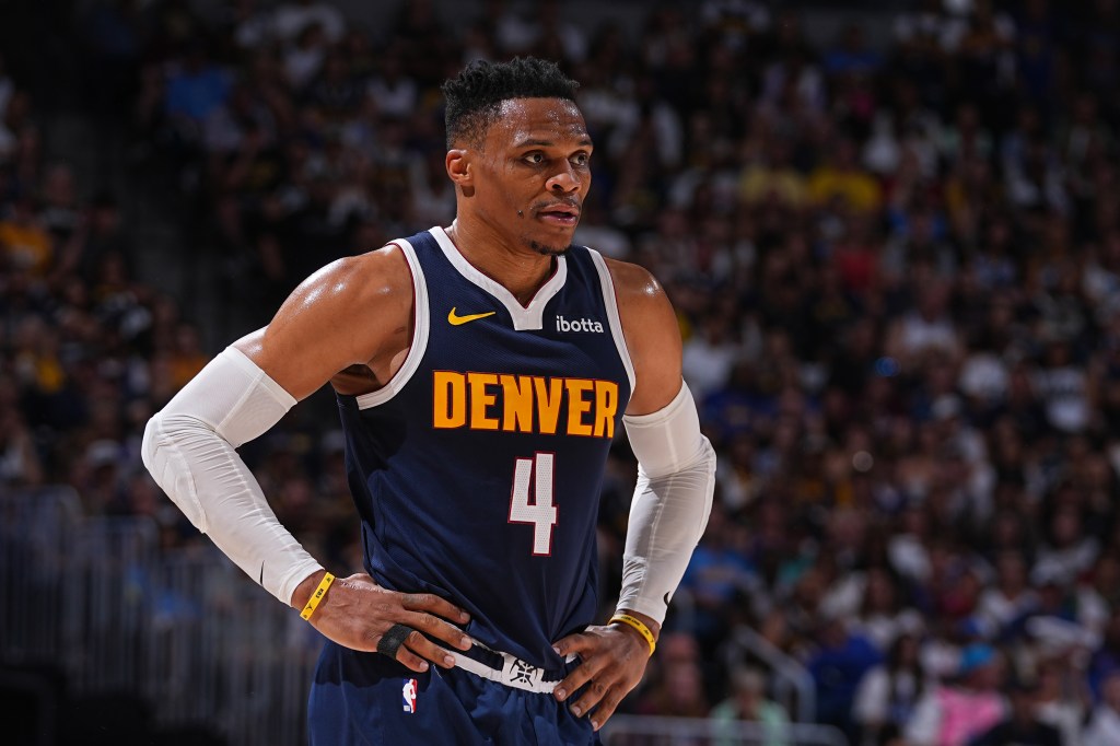 Russell Westbrook in his Denver Nuggets uniform during the 2025 NBA Playoffs.