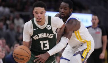 Milwaukee Bucks' Ryan Rollins gets past Golden State Warriors' Jonathan Kuminga during the second half of an NBA basketball game Thursday, Oct. 30, 2025, in Milwaukee.
