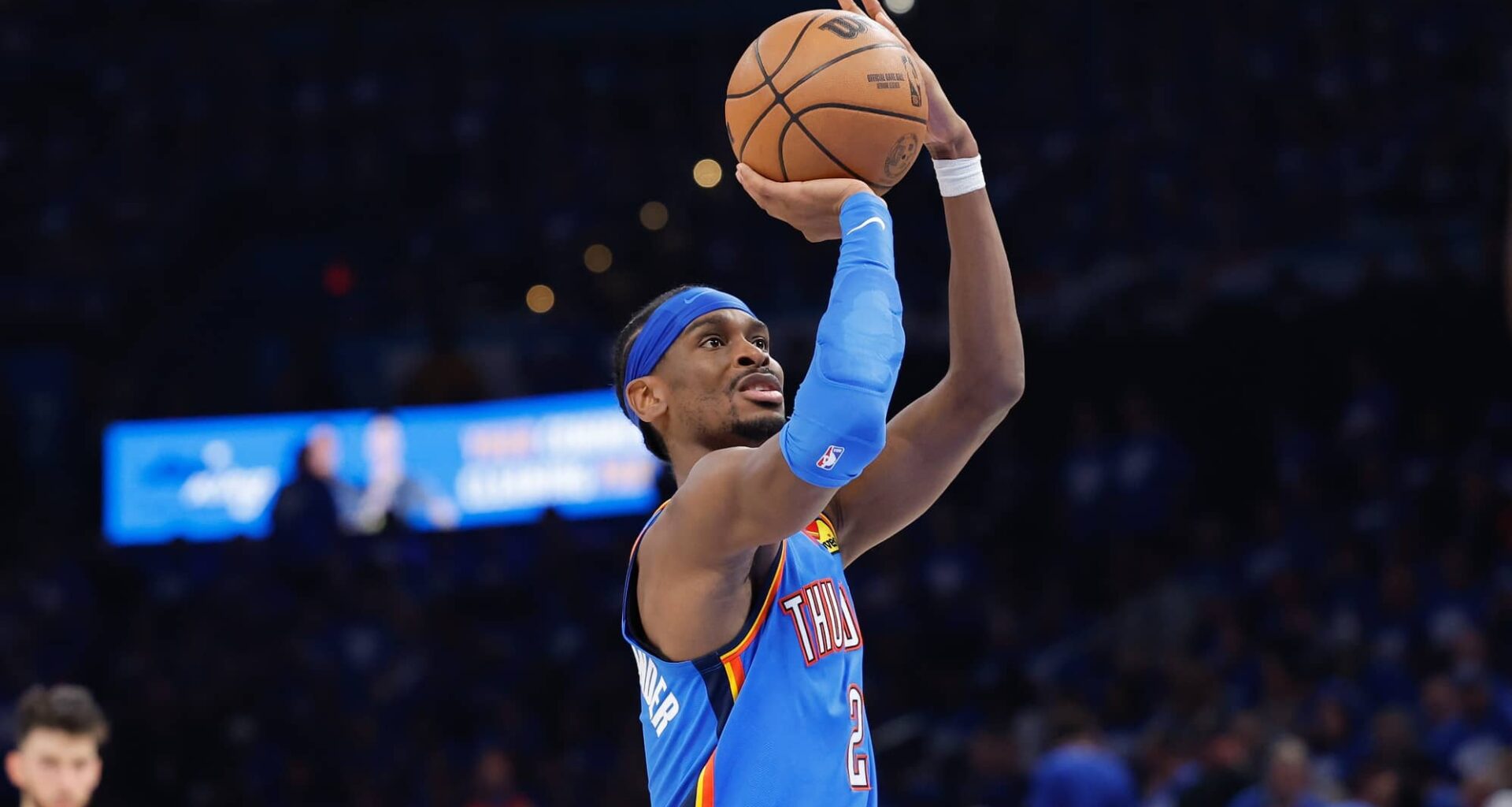 Oklahoma City, Oklahoma, USA; Oklahoma City Thunder guard Shai Gilgeous-Alexander (2) shoots free throws against the Denver Nuggets in the second half during Game 7 of the second round of the 2025 NBA Playoffs at Paycom Center. Mandatory Credit: Alonzo Adams-Imagn Images