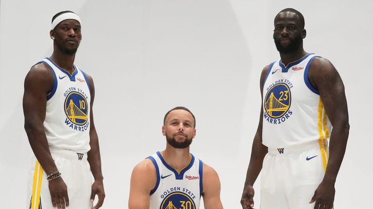 Golden State Warriors forward Jimmy Butler (left) Stephen Curry (centre) and forward Draymond Green (right) 