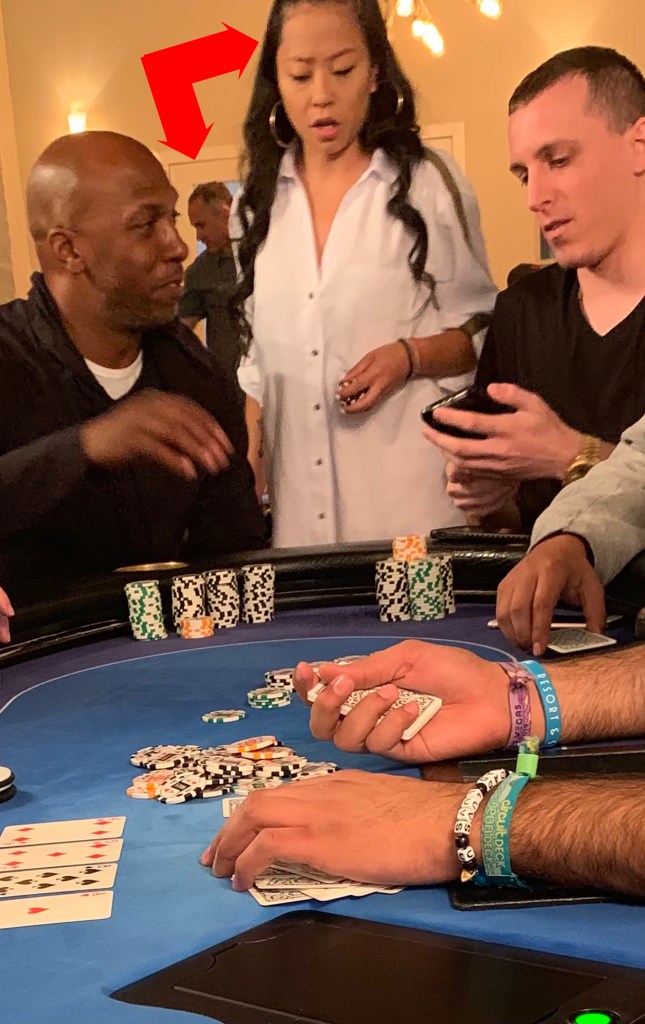 Chauncey Billups, Sophia Wei, and Saul Becher at a poker table with chips and cards.