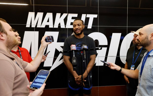 Wendell Carter Jr. talks with the media before the Orlando...