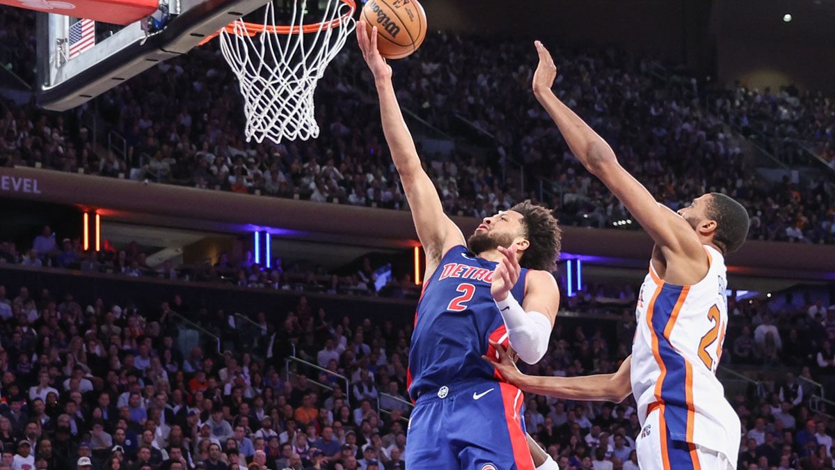 Detroit Pistons guard Cade Cunningham (2) drives past New York Knicks forward Mikal Bridges (25) in the fourth quarter during game five of first round for the 2025 NBA Playoffs at Madison Square Garden.