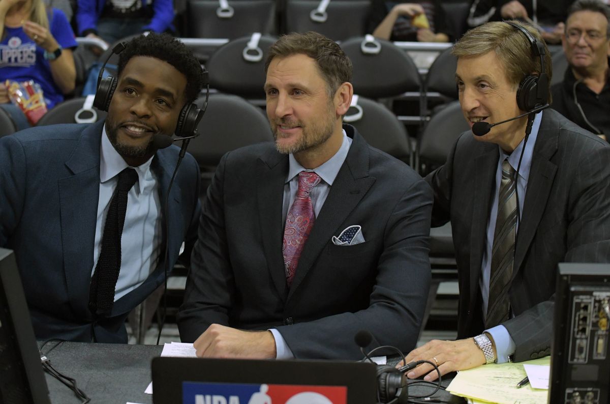 Jan 4, 2018; Los Angeles, CA, USA; TNT broadcasters Chris Webber (left), Brent Barry (center) and Marv Albert pose during an NBA basketball game between the Oklahoma City Thunder and the Los Angeles Clippers at Staples Center. The Thunder defeated the Clippers 127-117. Mandatory Credit: Kirby Lee-Imagn Images