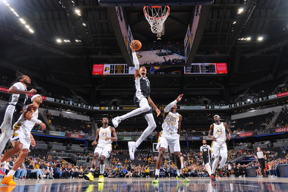 Victor Wembanyama #1 of the San Antonio Spurs drives to the basket during the game against the Indiana Pacers during a pre-season game on October 13, 2025 at Gainbridge Fieldhouse in Indianapolis