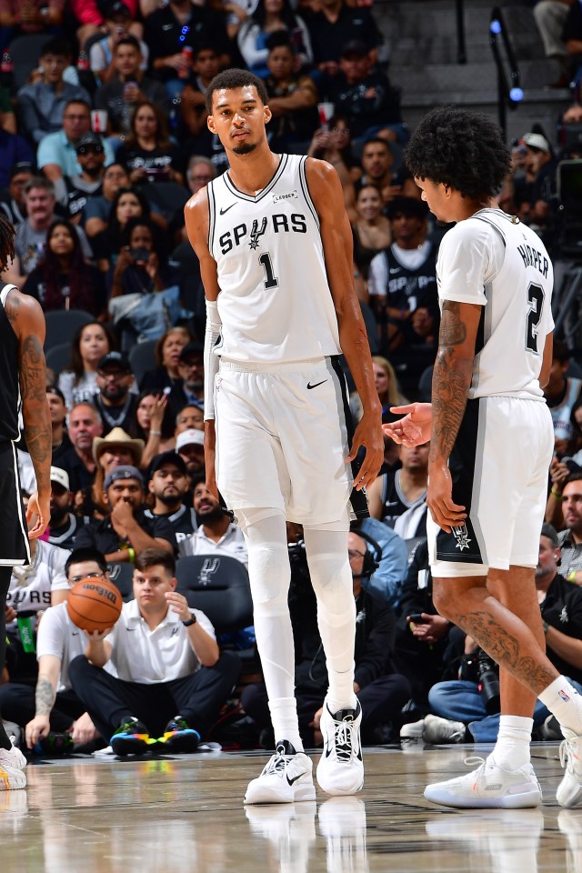 Victor Wembanyama #1 of the San Antonio Spurs looks on during the game against the Brooklyn Nets on October 26, 2025