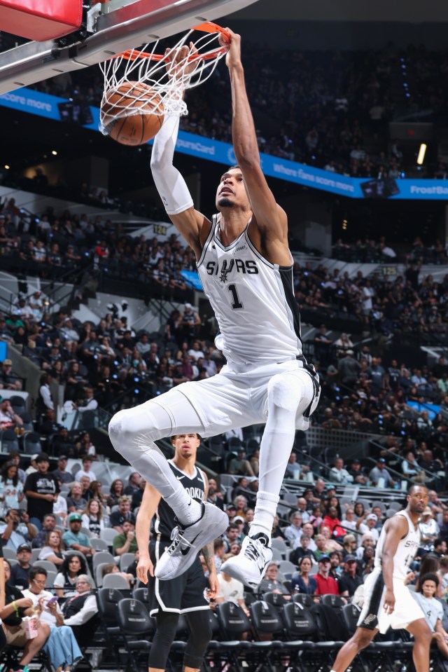 Victor Wembanyama #1 of the San Antonio Spurs dunks the ball during the game against the Brooklyn Nets on October 26, 2025