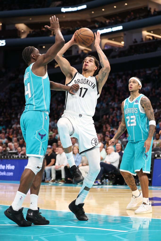 Michael Porter Jr. #17 of the Brooklyn Nets drives to the basket during the game against the Charlotte Hornets on October 22, 2025 at Spectrum Center in Charlotte, North Carolina. 