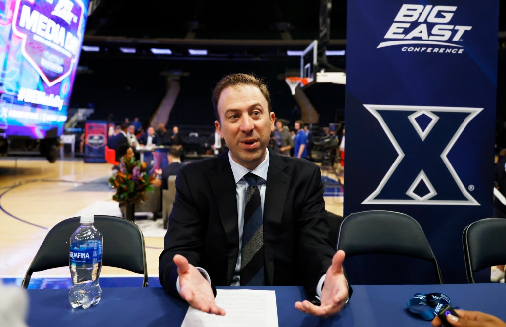 Xavier head coach Richard Pitino addresses the media at the 2025 Big East media day.