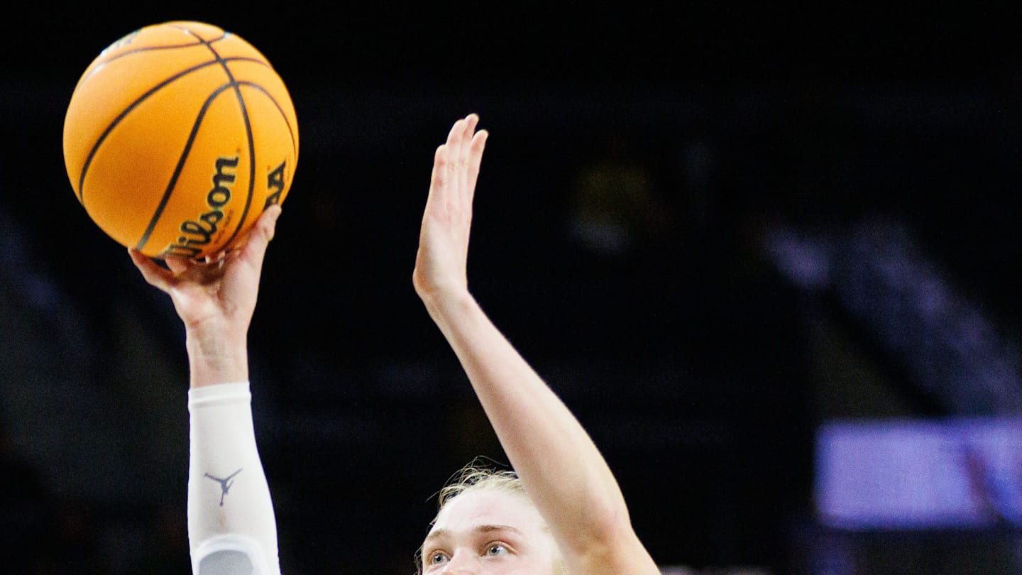 Michigan guard Olivia Olson (1) shoots the ball during the first round of the NCAA Women's Basketball Tournament between Michigan and Iowa State at Purcell Pavilion on Friday, March 21, 2025, in South Bend.