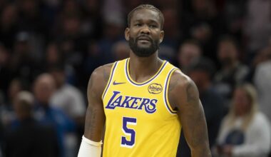 Los Angeles Lakers center Deandre Ayton (5) looks on against the Minnesota Timberwolves in the first half at Target Center.