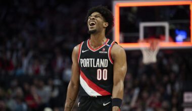 Feb 22, 2025; Portland, Oregon, USA; Portland Trail Blazers guard Scoot Henderson (00) reacts after missing a three point basket during the second half against the Charlotte Hornets at Moda Center. Mandatory Credit: Troy Wayrynen-Imagn Images