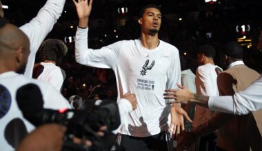 Nov 7, 2025; San Antonio, Texas, USA; San Antonio Spurs forward Victor Wembanyama (1) enters the court during the start of the game against the Houston Rockets at Frost Bank Center. Mandatory Credit: Dustin Safranek-Imagn Images