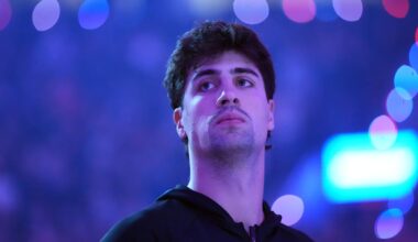 Nov 18, 2025; Portland, Oregon, USA; Portland Trail Blazers forward Deni Avdija (8) stands for the national anthem before the game against the Phoenix Suns at Moda Center. Mandatory Credit: Soobum Im-Imagn Images