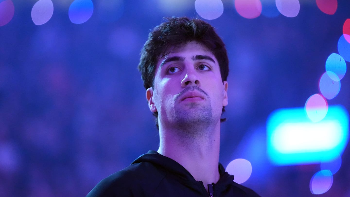 Nov 18, 2025; Portland, Oregon, USA; Portland Trail Blazers forward Deni Avdija (8) stands for the national anthem before the game against the Phoenix Suns at Moda Center. Mandatory Credit: Soobum Im-Imagn Images