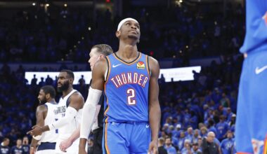 May 9, 2024; Oklahoma City, Oklahoma, USA; Oklahoma City Thunder guard Shai Gilgeous-Alexander (2) reacts after a play against the Dallas Mavericks during the second half of game two of the second round for the 2024 NBA playoffs at Paycom Center. Mandatory Credit: Alonzo Adams-Imagn Images