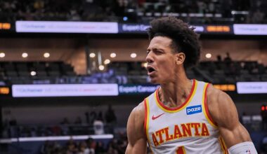 Jalen Johnson flexes on the New Orleans Pelicans after a breathtaking dunk at Smoothie King Center during the first half of the game