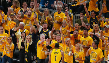 Indiana Pacers fans celebrate with Obi Toppin during Game 4 of the 2025 NBA Finals against the Oklahoma City Thunder.