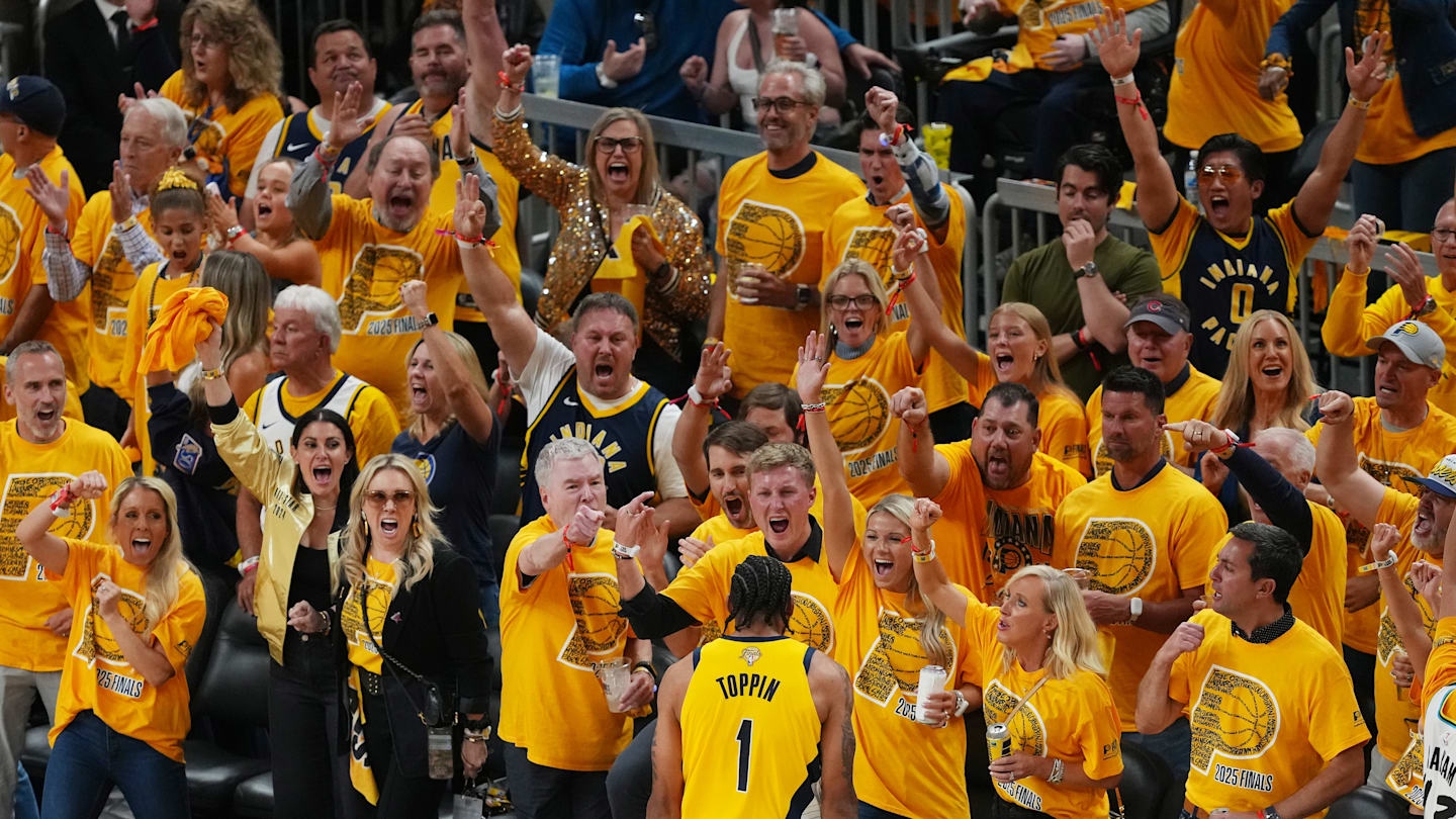 Indiana Pacers fans celebrate with Obi Toppin during Game 4 of the 2025 NBA Finals against the Oklahoma City Thunder.