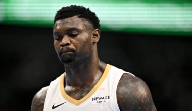 Nov 21, 2025; Dallas, Texas, USA; New Orleans Pelicans forward Zion Williamson (1) looks on during the second half against the Dallas Mavericks at the American Airlines Center. Mandatory Credit: Jerome Miron-Imagn Images