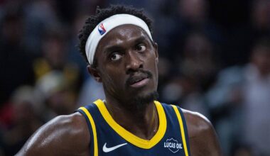 Indiana Pacers forward Pascal Siakam (43) looks on against the Charlotte Hornets at Gainbridge Fieldhouse.