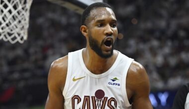 May 11, 2024; Cleveland, Ohio, USA; Cleveland Cavaliers forward Evan Mobley (4) in the second quarter of game three of the second round of the 2024 NBA playoffs reacts against the Boston Celtics at Rocket Mortgage FieldHouse. Mandatory Credit: David Richard-Imagn Images