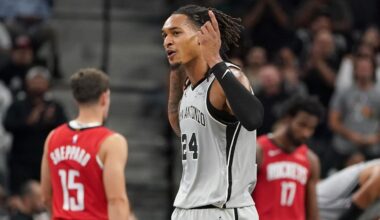 Nov 7, 2025; San Antonio, Texas, USA;  San Antonio Spurs guard Devin Vassell (24) celebrates leading over the Houston Rockets during the second quarter at Frost Bank Center. Mandatory Credit: Dustin Safranek-Imagn Images