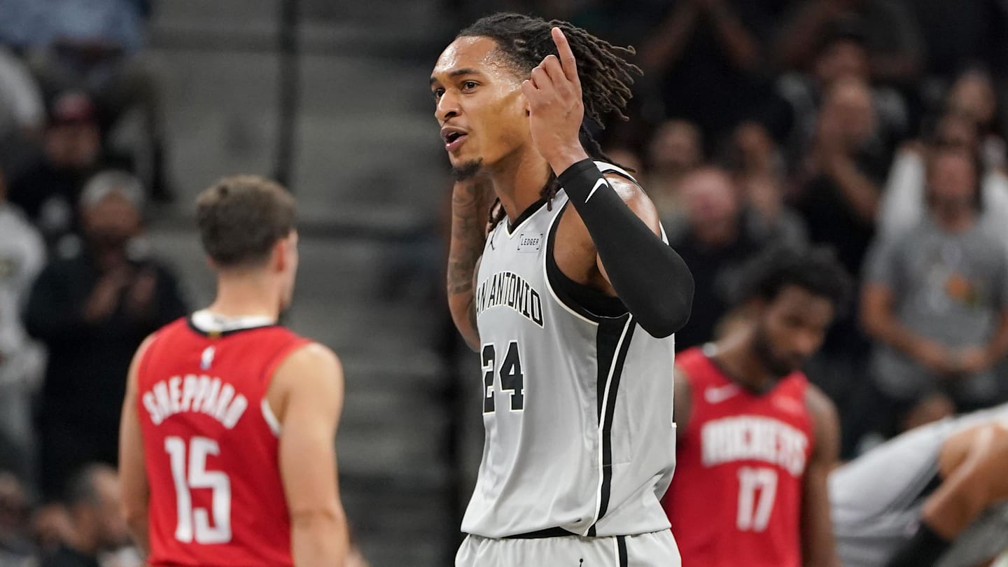 Nov 7, 2025; San Antonio, Texas, USA;  San Antonio Spurs guard Devin Vassell (24) celebrates leading over the Houston Rockets during the second quarter at Frost Bank Center. Mandatory Credit: Dustin Safranek-Imagn Images