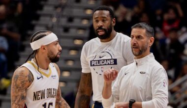 Nov 24, 2025; New Orleans, Louisiana, USA;  New Orleans Pelicans interim Head Coach James Borrego during a time out against the Chicago Bulls during the first half at Smoothie King Center. Mandatory Credit: Stephen Lew-Imagn Images