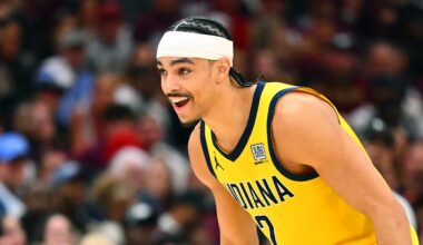 Indiana Pacers guard Andrew Nembhard (2) during a playoff game against the Cleveland Cavaliers.