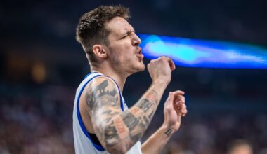 Vit Krejci celebrates in EuroBasket competition against Latvia and Kristaps Porzingis