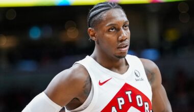 Toronto Raptors forward/guard RJ Barrett (9) looks on against the Brooklyn Nets during the second half at Scotiabank Arena.