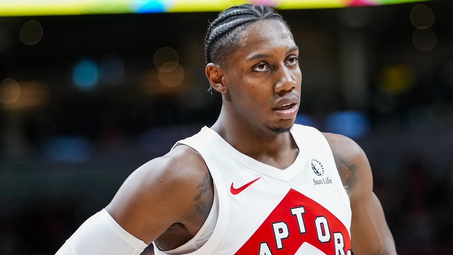 Toronto Raptors forward/guard RJ Barrett (9) looks on against the Brooklyn Nets during the second half at Scotiabank Arena.