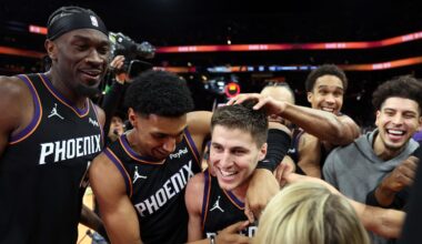 Phoenix Suns teammates celebrate with guard Collin Gillespie after he made the game-winning shot in an NBA Cup game against Minnesota.