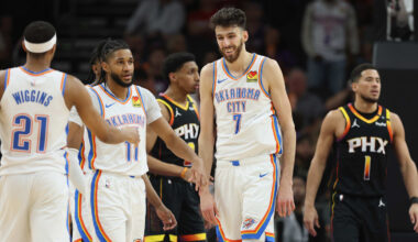 Oklahoma City Thunder big man Chet Holmgren smiles during a game against the Phoenix Suns.