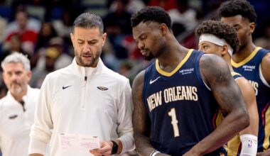 Nov 19, 2025; New Orleans, Louisiana, USA;  New Orleans Pelicans forward Zion Williamson (1) talks to interim head coach James Borrego against the Denver Nuggets during the first half  at Smoothie King Center. Mandatory Credit: Stephen Lew-Imagn Images
