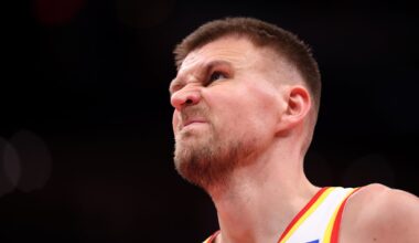 Kristaps Porzingis appears frustrated against the Washington Wizards