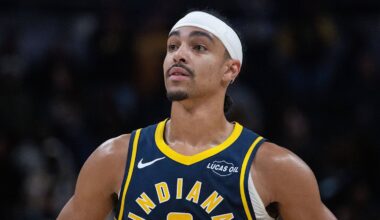 Indiana Pacers guard Andrew Nembhard (2) looks on in the second half against the Charlotte Hornets at Gainbridge Fieldhouse.