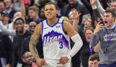 Nov 16, 2025; Salt Lake City, Utah, USA; Utah Jazz guard Keyonte George (3) reacts to his game winning shot during double overtime against the Chicago Bulls at Delta Center. Mandatory Credit: Peter Creveling-Imagn Images