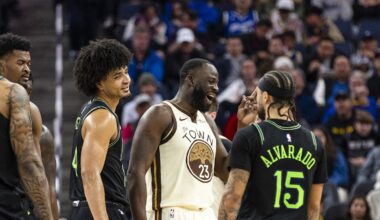 Nov 29, 2025; San Francisco, California, USA; Golden State Warriors forward Draymond Green (23) has words with New Orleans Pelicans guard Jose Alvarado (15) and guard Micah Peavy (14) during the second quarter at Chase Center. Mandatory Credit: John Hefti-Imagn Images