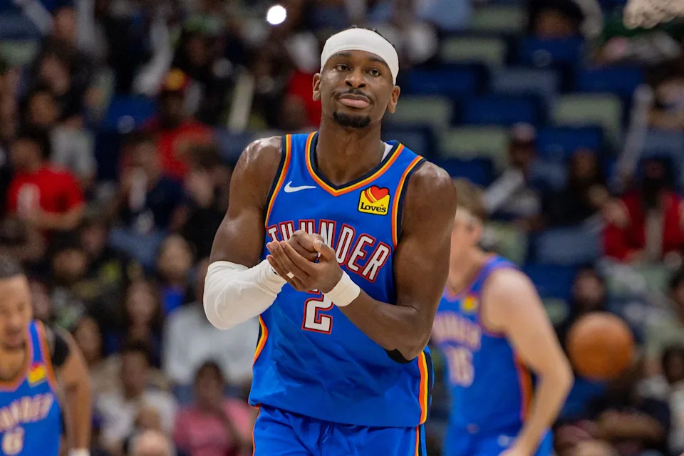 Nov 17, 2025; New Orleans, Louisiana, USA; Oklahoma City Thunder guard Shai Gilgeous-Alexander (2) reacts after a play against the New Orleans Pelicans during the second half at Smoothie King Center. Mandatory Credit: Stephen Lew-Imagn Images