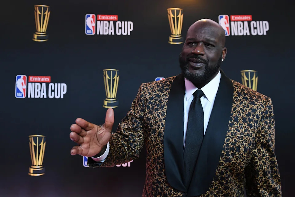 Shaquille O'Neal arrives on the red carpet before the Emirates NBA Cup semifinal game at T-Mobile Arena.Candice Ward-Imagn Images